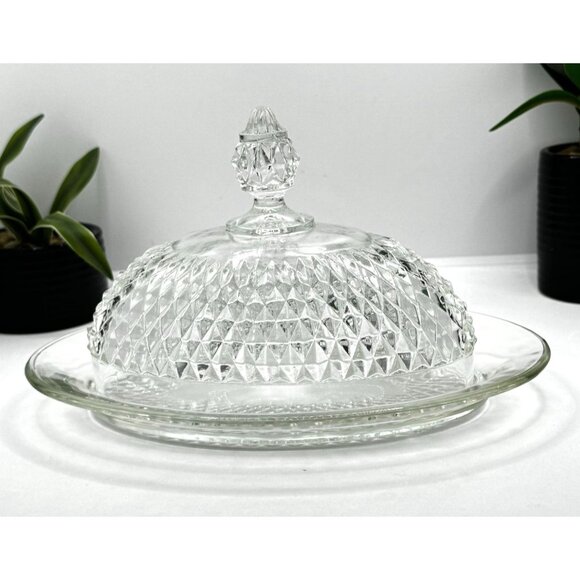 Vintage Indiana Glass Oval Diamond Point Clear Covered Butter Dish - Picture 8 of 8